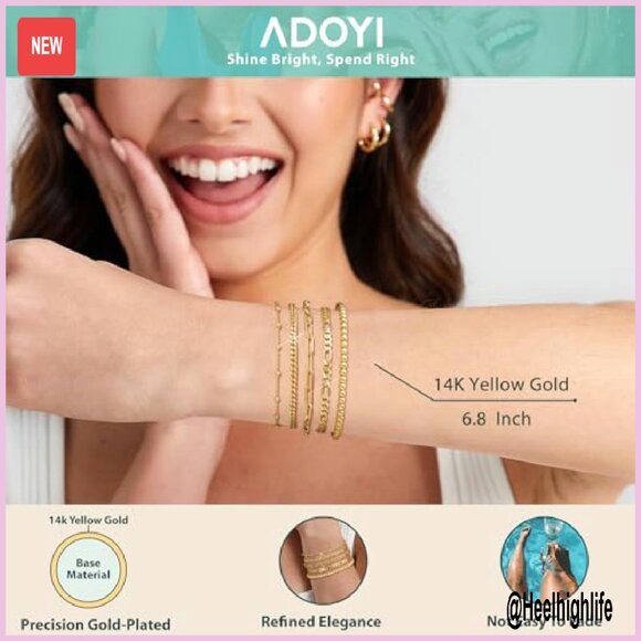 14K Gold Plated Stackable Bracelet Set Adjustable Cuban Link Chain 6.8" - Picture 6 of 8